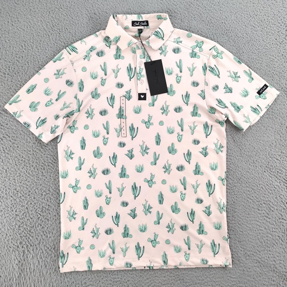 Bad Birdie Polo Shirt Mens Small Pink Green Cactus Print Stretch Golf Core Polo